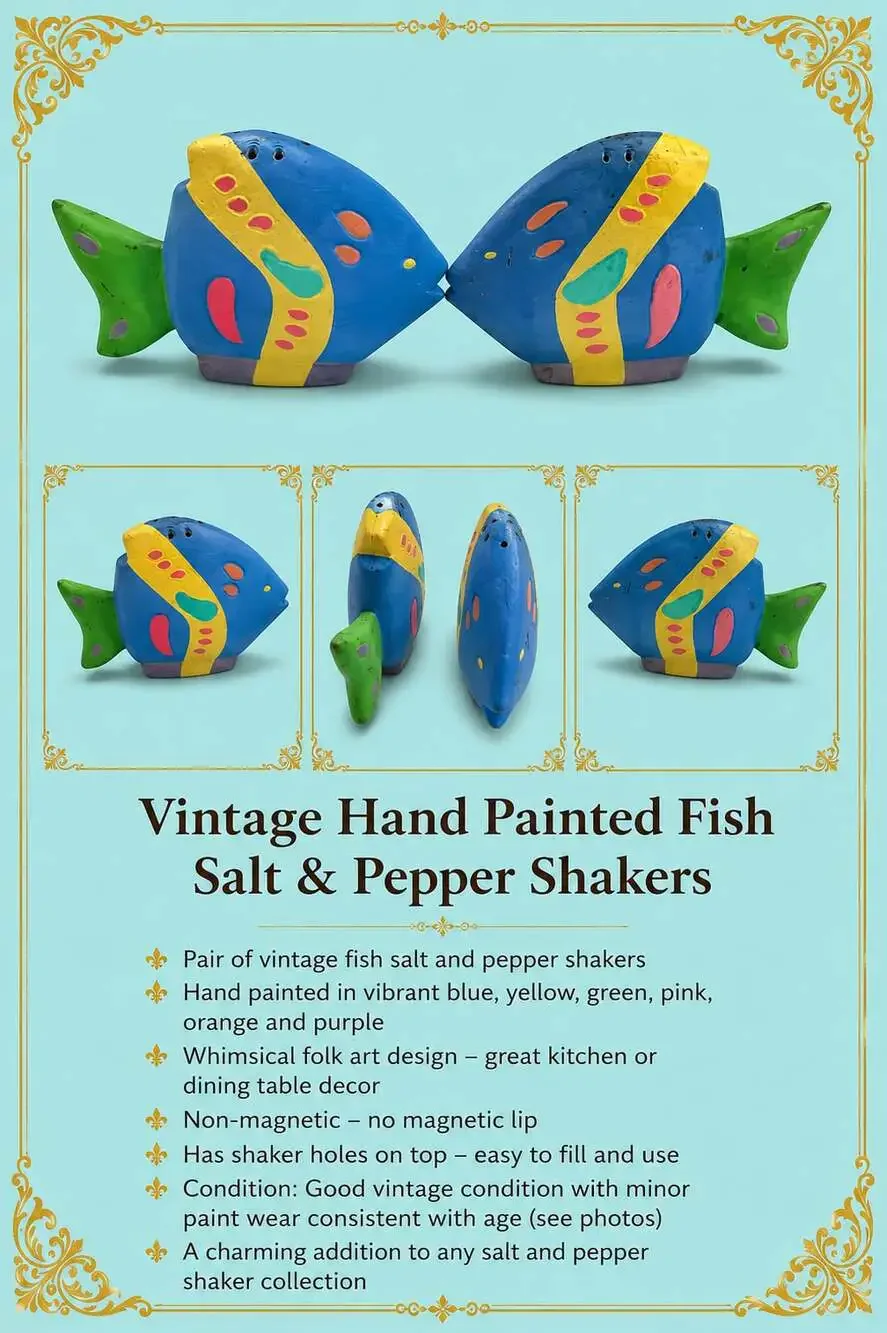 Vintage Hand Painted Colorful Ceramic Tropical Fish Salt and Pepper Shakers